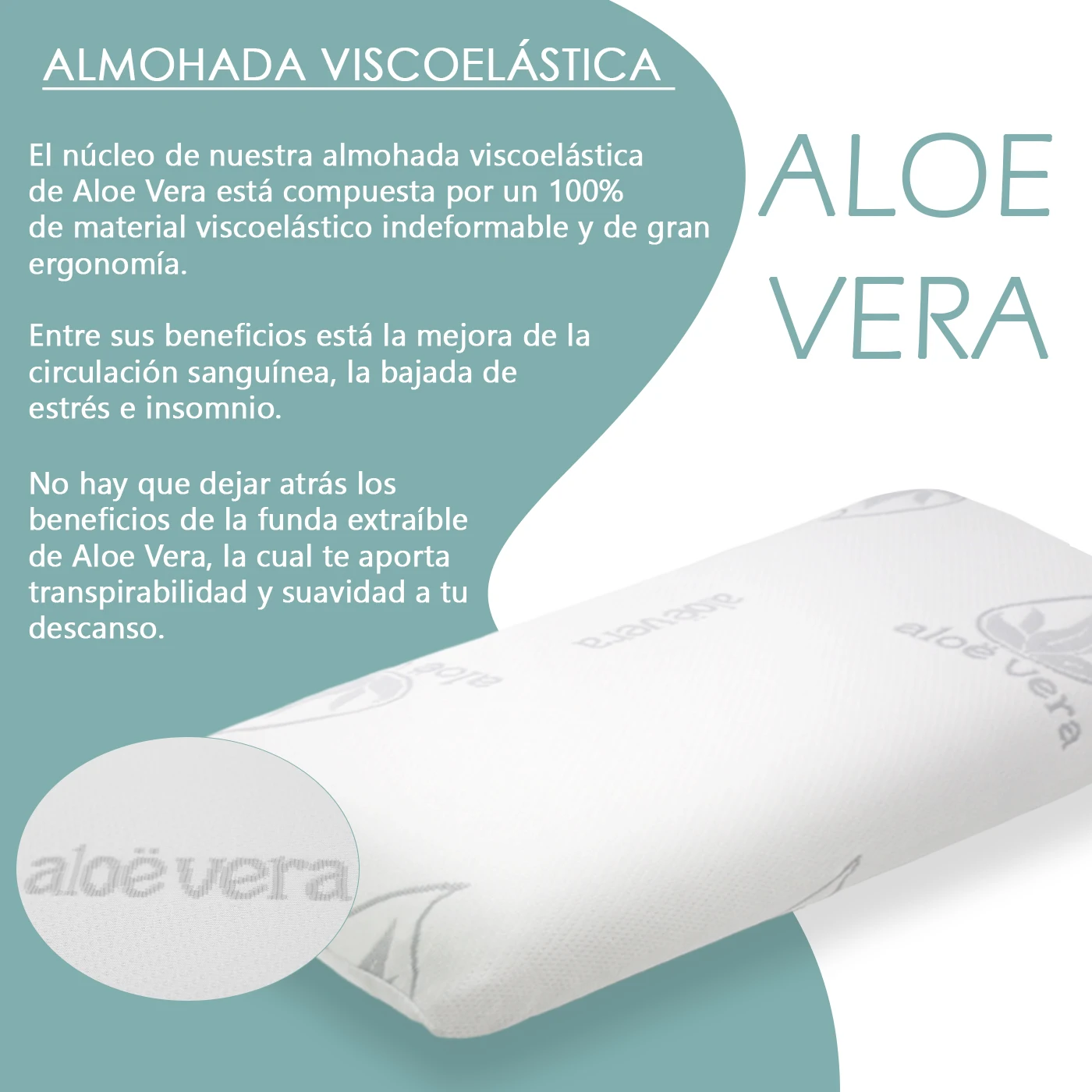 Aitssehome -  Almohada Viscoelástica de Aloe Vera 70/75/80/90/105/135/150  Funda con Cremallera, Indeformables, Antiácaros, Antialérgicas, Anti-stress, Hipoalergénicas, Lavables, Transpirables, Suave, Alta Recuperación