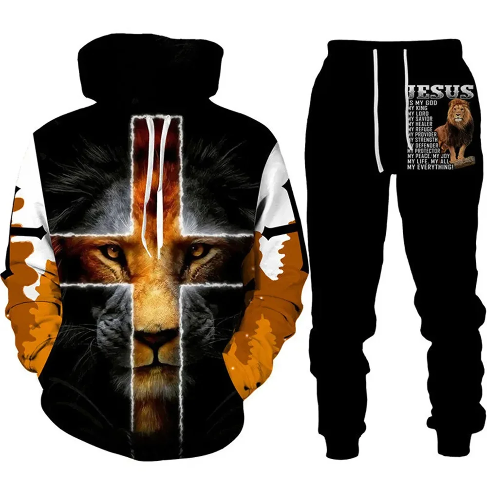 Cool Tiger 3D Animal Print Hoodie+Pants Suit Long Sleeve Pullover Men's Sportswear Tracksuit Couple Outfit Two Piece Jogging Set 6