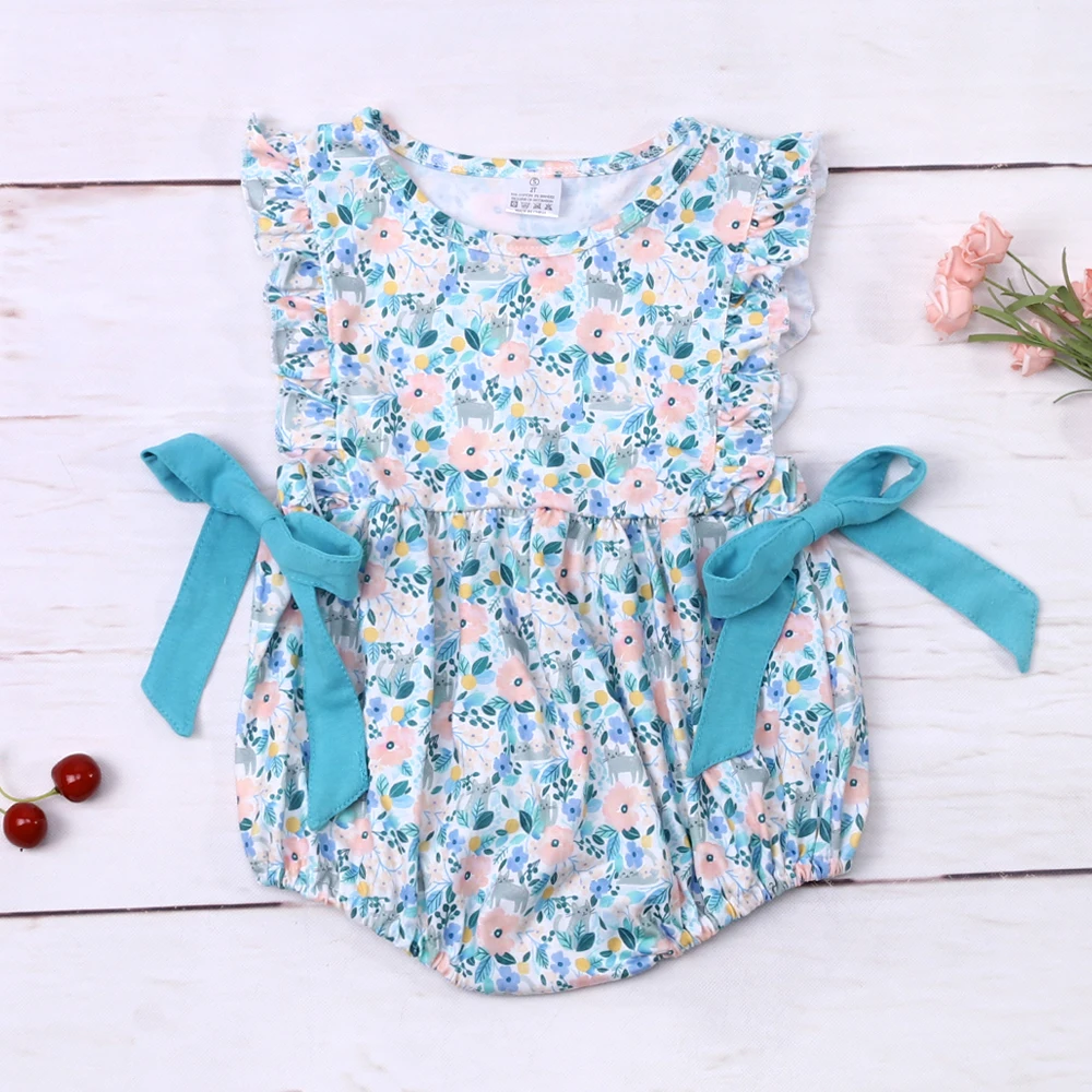 

2023 Fashion New Summer Blue Sleeveless Baby Girl Jumpsuit Floral Printing Pleated Skirt Bodysuit Bow Ornament One-Piece Clothes