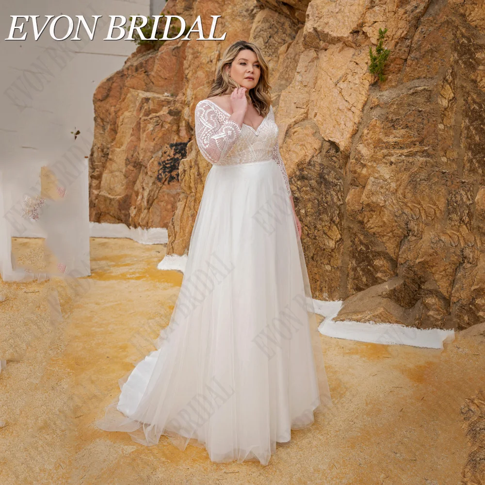 

EVON BRIDAL Civil Wedding Dresses Plus Size Long Sleeves A-Line Bride Gowns Backless Scoop Hochzeitskleider Damen Große größe