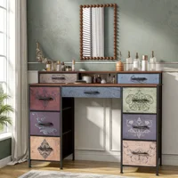 Туалетный столик без зеркала, комод с 9 ящиками, Макияжный столик в стиле ретро с деревянным подносом, для спальни, гостиной, прихожей