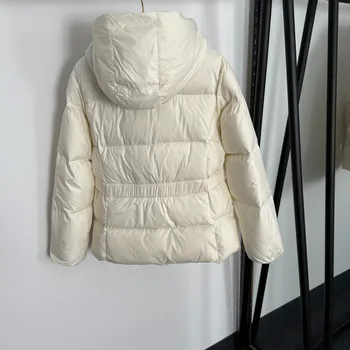 2025 Autumn and Winter Women New Chest Logo Letter Long Sleeve Hooded Cotton Jacket with Belt Detachable Hat off White Black 2