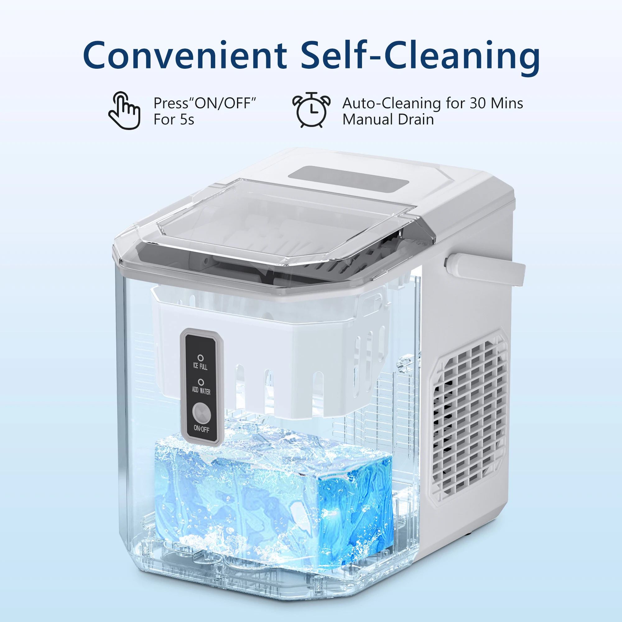 SIMZLIFE Ice Maker Countertop , 26.5 lbs/24H, 9 Cubes in 6 Mins,Self-Cleaning, Portable Ice Maker with Handle for Home,White 6