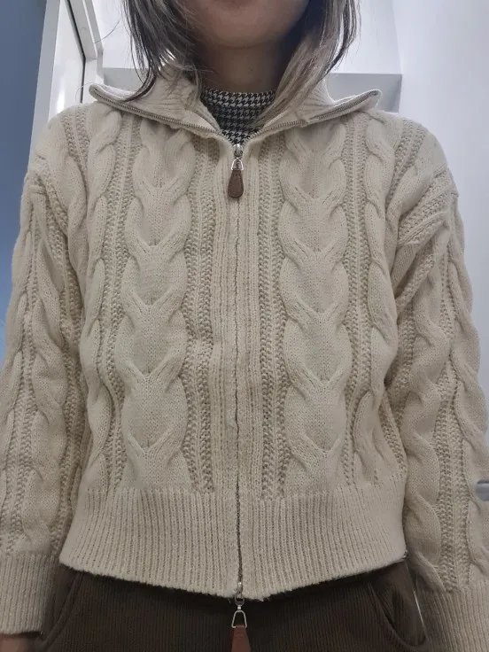 Women's Retro Double Zipper Turn-Down Collar Cardigan photo review