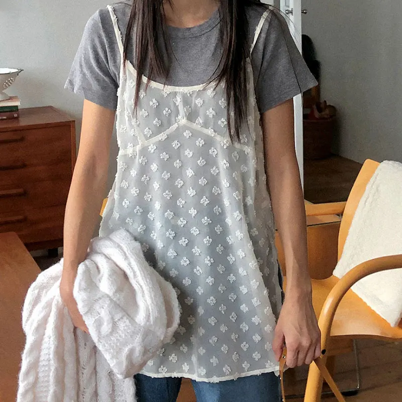 한국 스타일 봄 여름 신상 레이어드 잔꽃무늬 쉬폰 레이스 나시 트임 탑 원피스