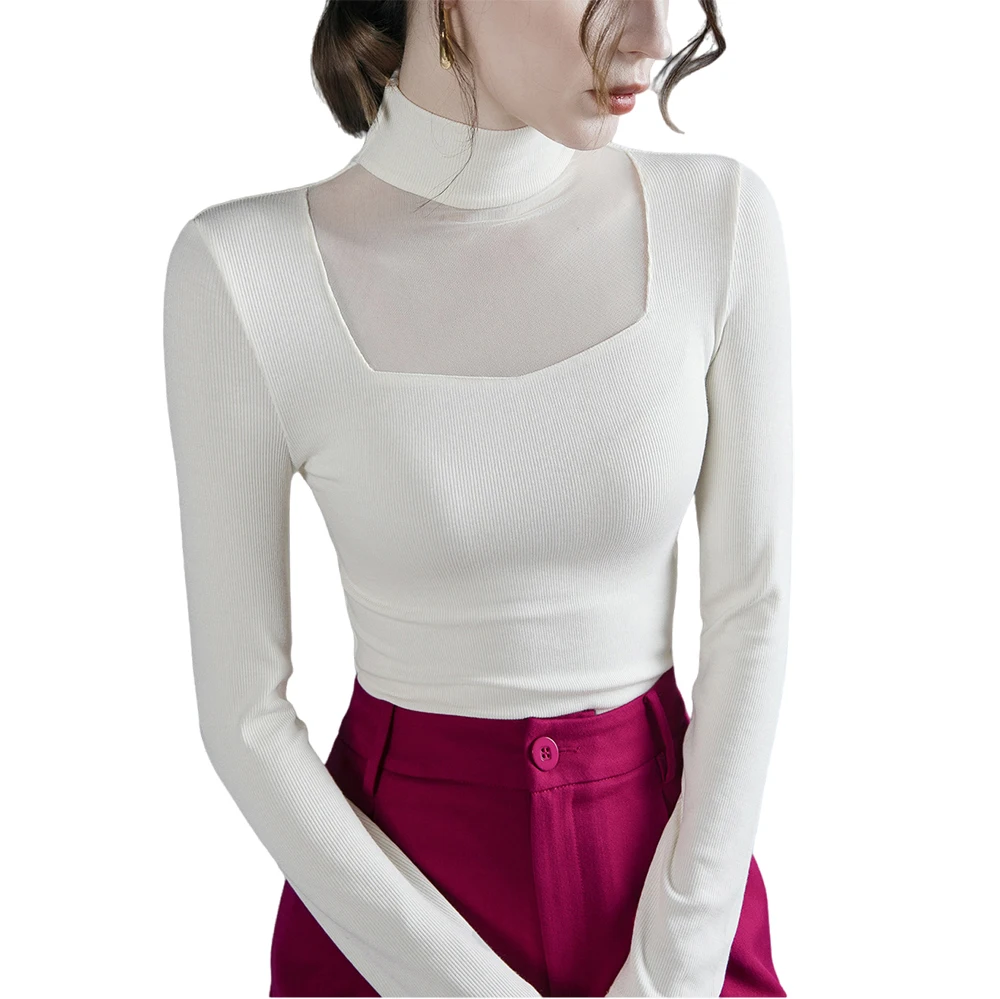 

Women Mesh Long Sleeve T-shirt For Spring Autumn Black High Collar women's Top Lady Solid Color Turtleneck Clothing