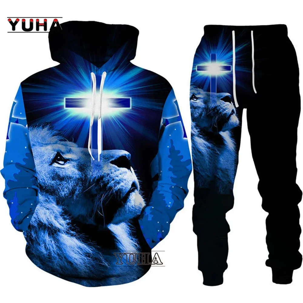 Cool Tiger 3D Animal Print Hoodie+Pants Suit Long Sleeve Pullover Men's Sportswear Tracksuit Couple Outfit Two Piece Jogging Set 4