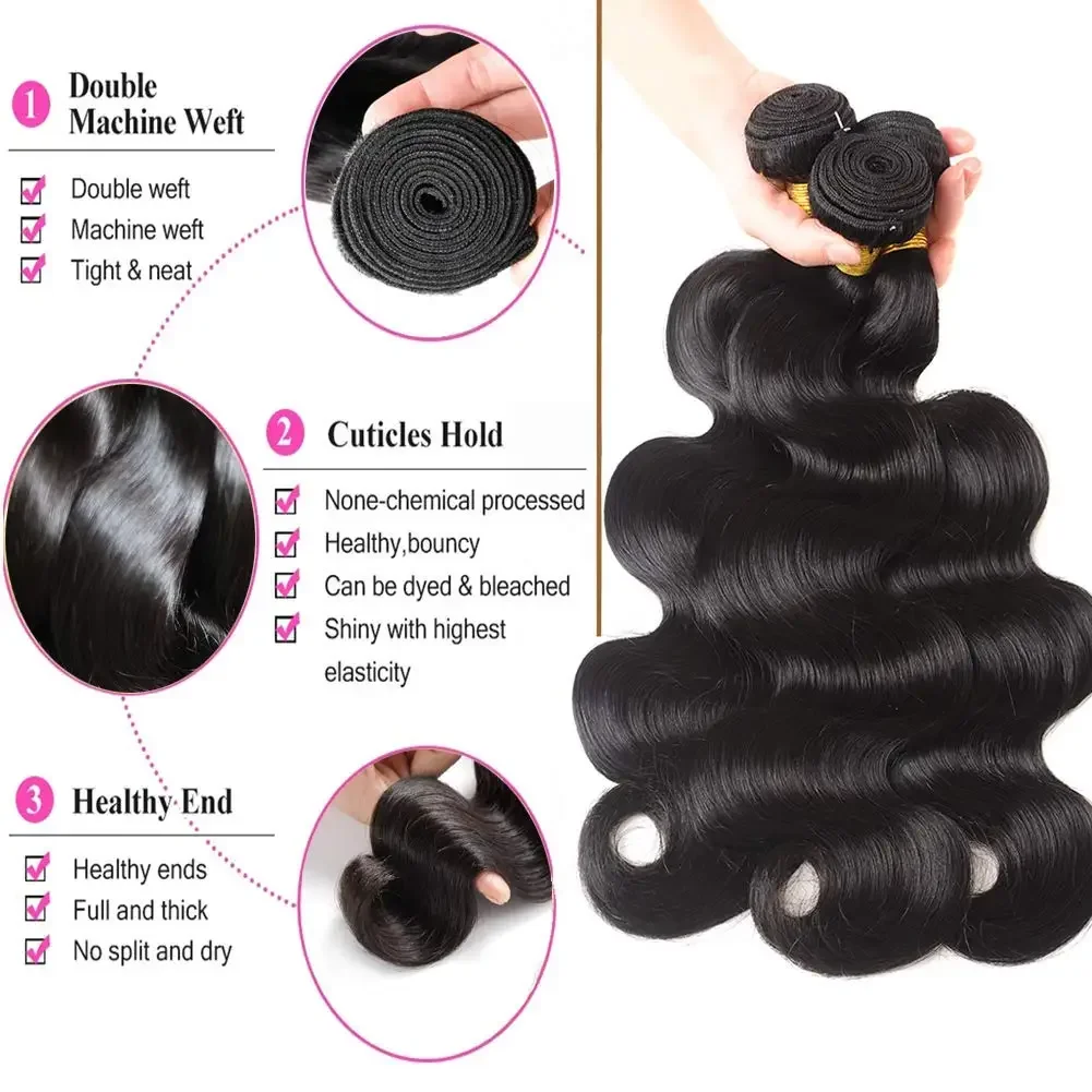 Body Wave Human Hair 3 Bundles with Closure 100% Unprocessed Brazilian Virgin Human Hair Weave Bundles with 13x4 HD Closure