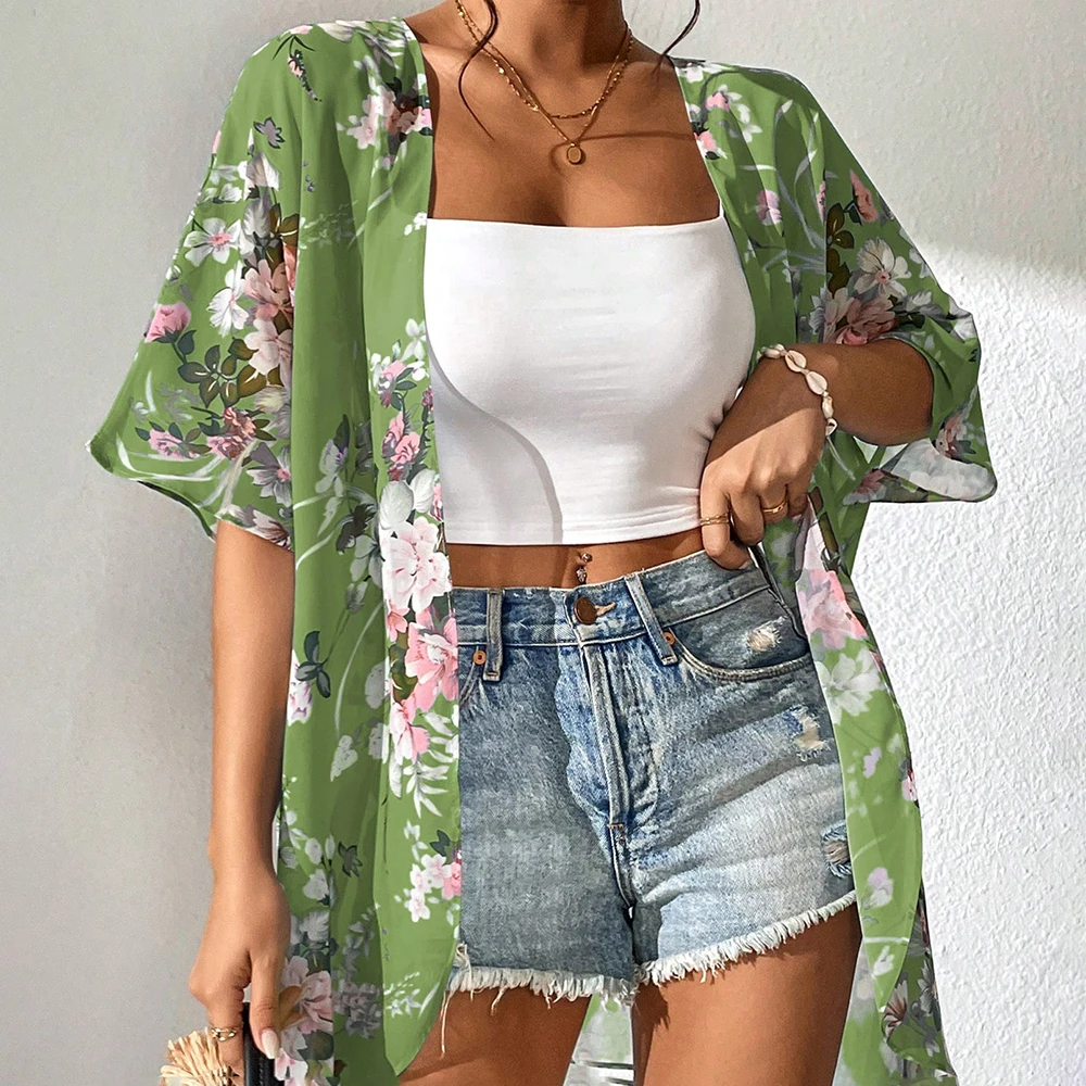 Floral Print Batwing Sleeve Chiffon Kimono Swimsuit Woman Beach Wear Cover Up Luxury Women's Social Blouse Fashion Tops swimsuit cover up swimsuit coverup