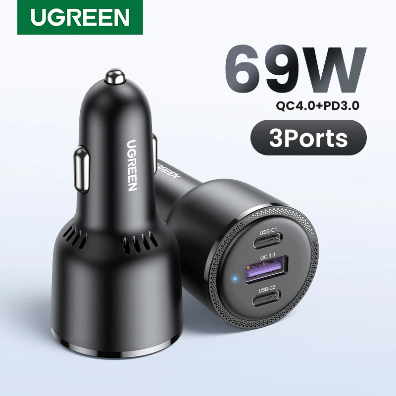 Ugreen 69ワット車の充電器usbタイプcデュアルポートpd qc 4.0 3.0急速充電車の電話充電器iphone 13 12サムスン  AliExpress