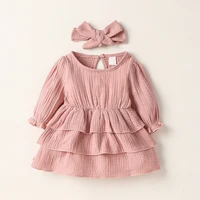 Newborn-6M Baby girl Long Sleeve Pink leisure and simplicity pure color Spring  autumn Princess dress+hair band 1