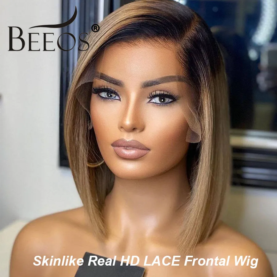 BEEOS Ash Blonde 13x4 HD Lace Front Human Hair Wigs Skinlike Straight Short Bob Wig For Women Pre plucked 5x5 HD Closure Wig 613 bob wig lace front human hair wigs 13x4 honey blonde bob lace front wigs for women brazilian straight bob closure wig 180%