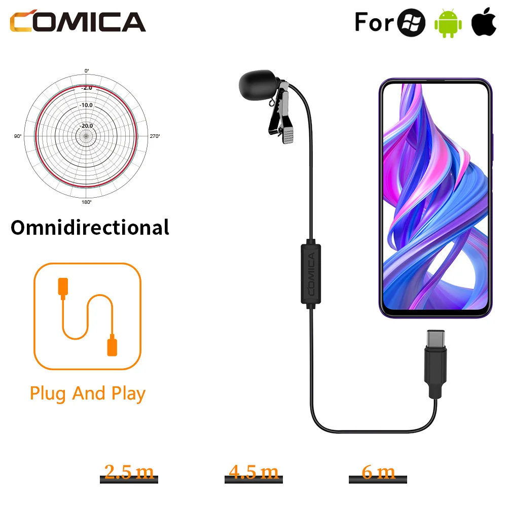 

Comica CVM-V01SP(UC) Condenser Lavalier Lapel Clip-on Microphone USB-C 6M Mic For PC iphone DSLR Camera YouTube Recording Stream