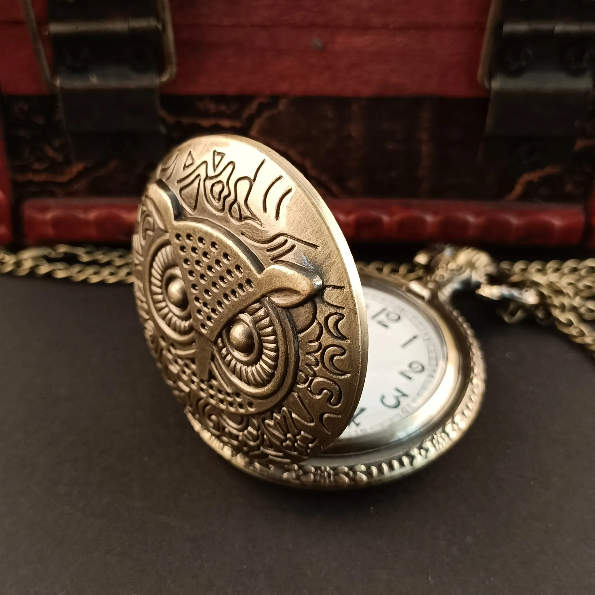 Steampunk-빈티지 올빼미 조각 쿼츠 포켓 시계, 맞춤형 남성 여성 목걸이 체인 액세서리