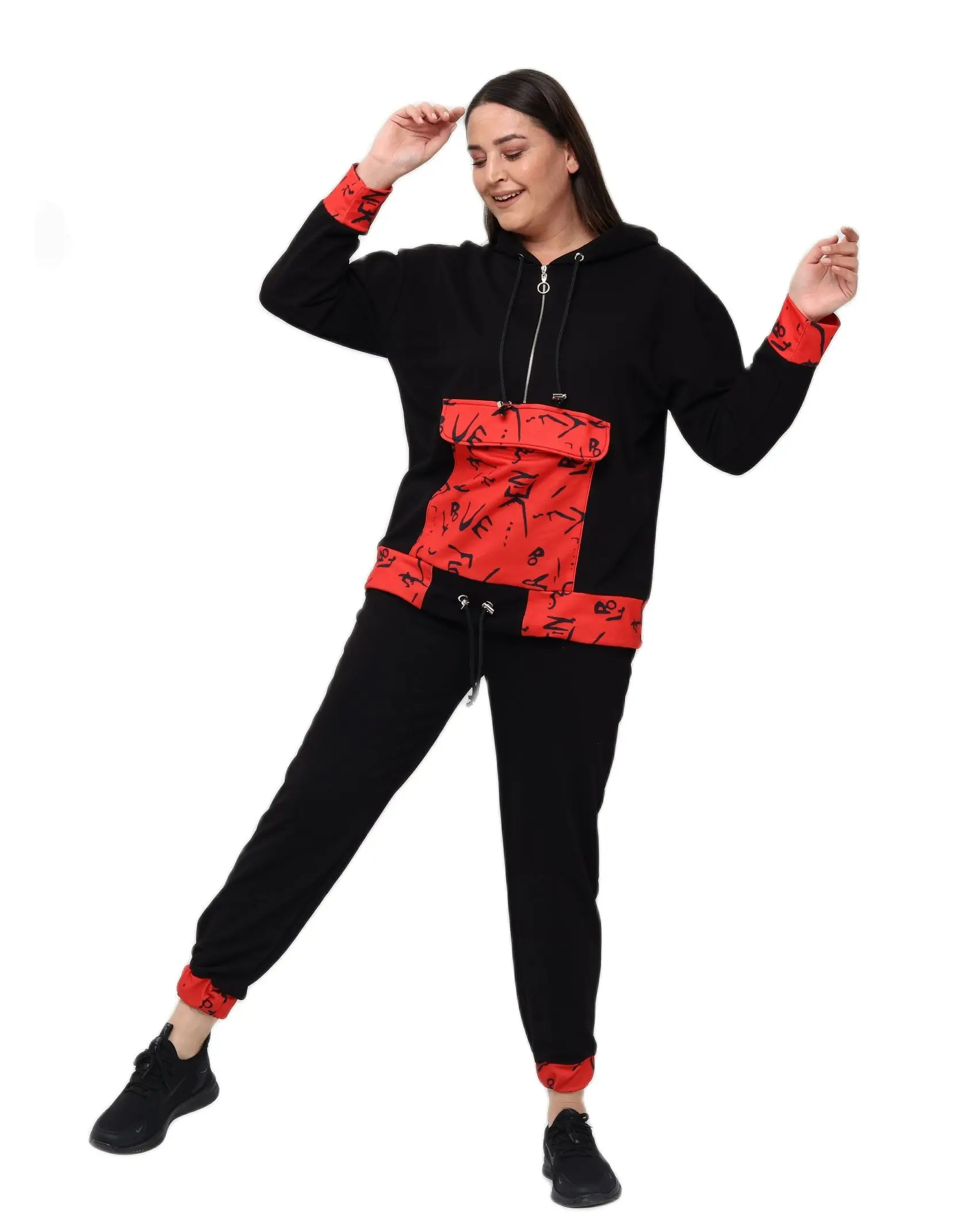 

Women’s Plus Size Black Sweatsuit Set 2 Piece Red Kangaroo Pocket Detail Tracksuit, Designed and Made in Turkey, New Arrival