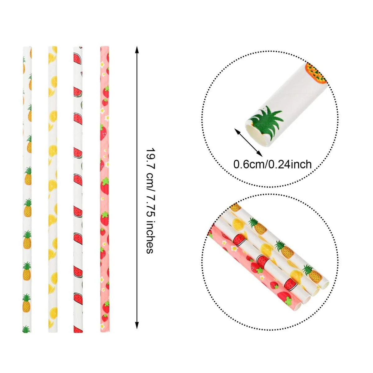 100pcs Paper Straws Fruit Pattern Drinking Straws Strawberry Pineapple Orange Paper 7.75 Inches Hawaiian Party Drinking disposable paper straws