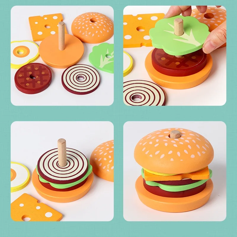 Wooden Burger Sandwich Stacking Toys Montessori Toys for Toddlers Pretend Play Food Preschool Educational Fine Motor educational toys,pretend food toys,wooden burger toys