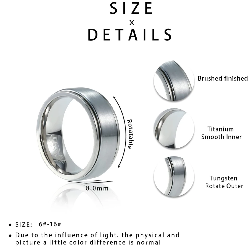 Trendy Stainless Steel Black Rings For Men Women Wedding Tungsten Carbide Rotatable Fidget Spinner Rings Anxiety Jewelry 6/8mm 4