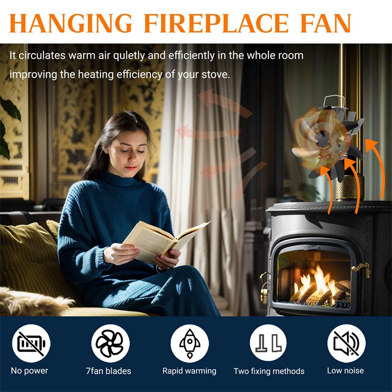 A634c1de86d2f49f2bfadb579b5d1c34fA Dual-purpose 7 Blade Fireplace Fan Desktop Wall-mounted Thermal Power Efficient Heat Dissipation Heat Powered Stove Fan