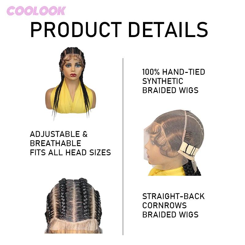 6 Feed-in Straight-Back Cornrow Braids Wig 20Inch Synthetic Full Lace Handmade Braiding Hair with Baby Hair for Black Women 4