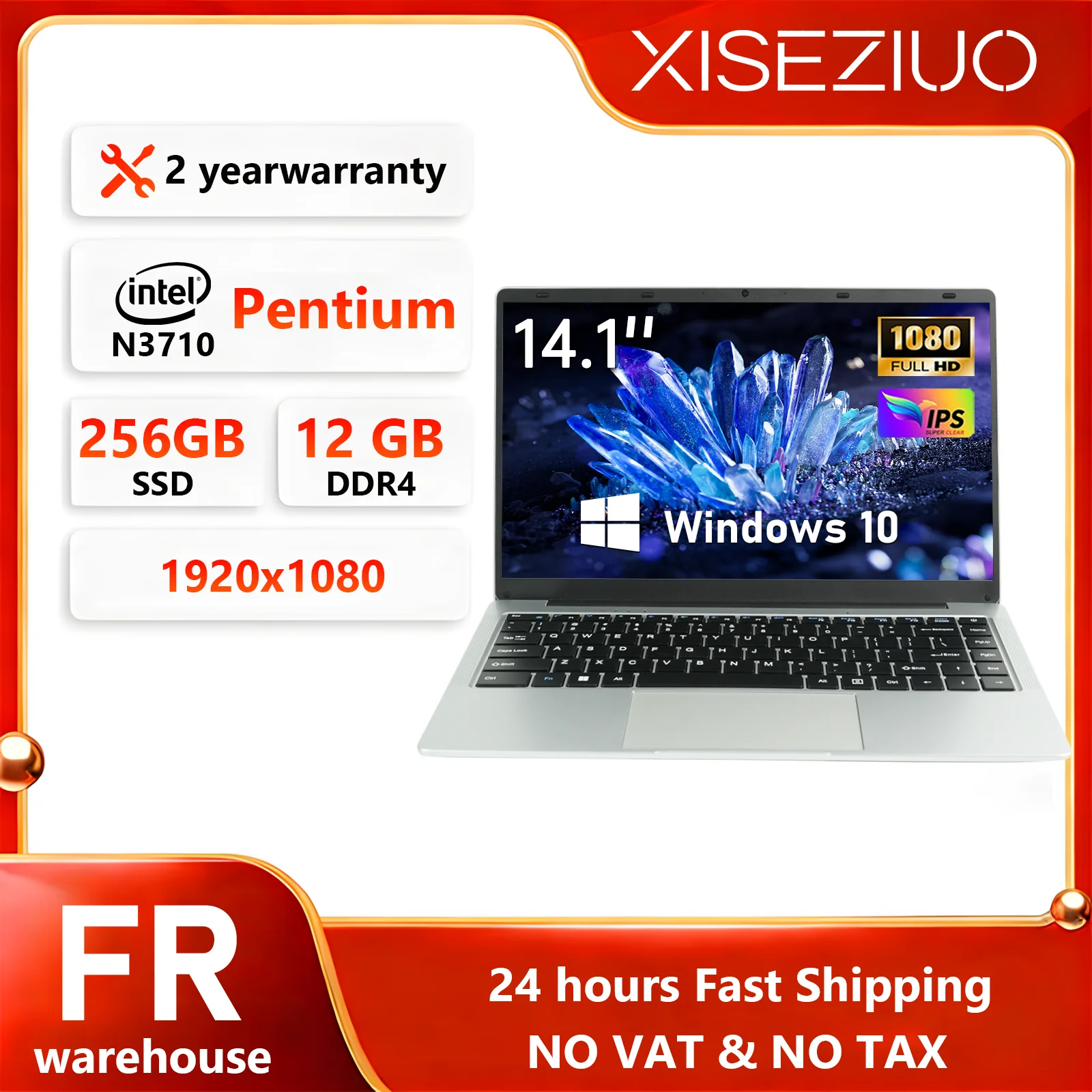 14.1 Inch Laptop Intel N3710 Quad Core 12GB RAM 256GB SSD Windows 10 Notebook Computer FHD 1080P IPS Display Portable Ultrabook 180° Open WiFi Bluetooth Mini HDMI USB 3.0 Grande batterie de 5000 mAh, longue durée de vie Student Office Business Laptop PC
