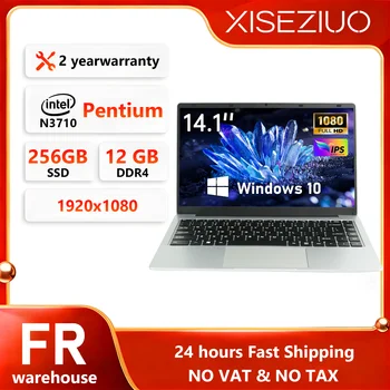 14.1 Inch Laptop Intel N3710 Quad Core 12GB RAM 256GB SSD Windows 10 Notebook Computer FHD 1080P IPS Display Portable Ultrabook 180° Open WiFi Bluetooth Mini HDMI USB 3.0 Grande batterie de 5000 mAh, longue durée de vie Student Office Business Laptop PC