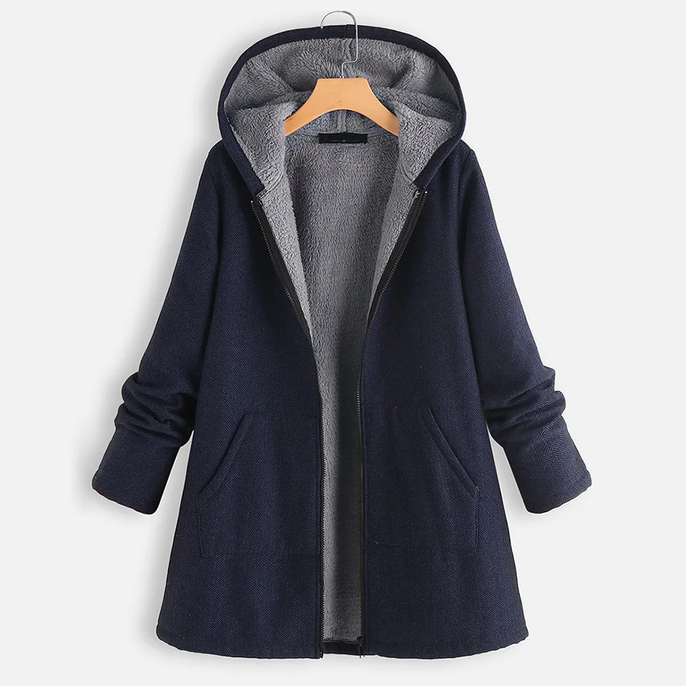 Autumn Winter Ladies Solid Hooded Jacket Coat Loose Casual Female Women Warm Thick Long Sleeve Trench Coat Hoodies Overcoat