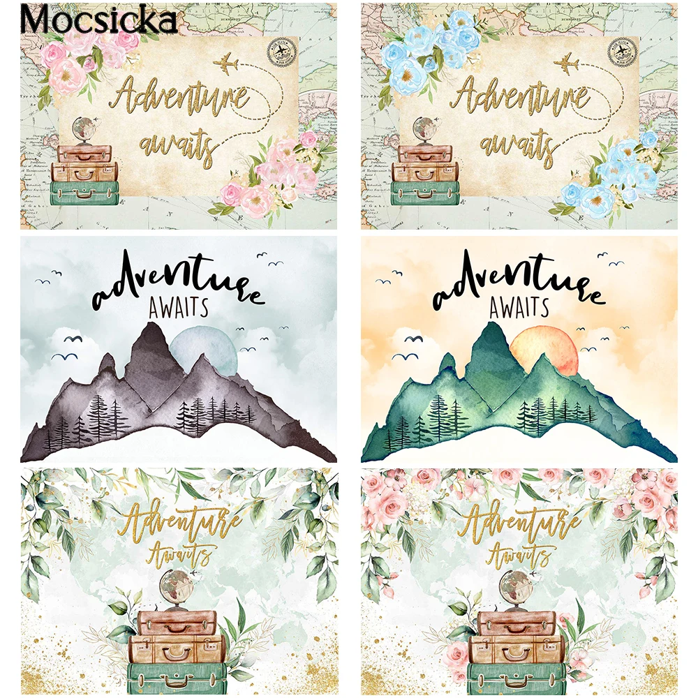 

Mocsicka Adventure Awaits Theme Baby Shower Party Backdrop World Map Travel Decorations Photography Background Cake Smash Banner