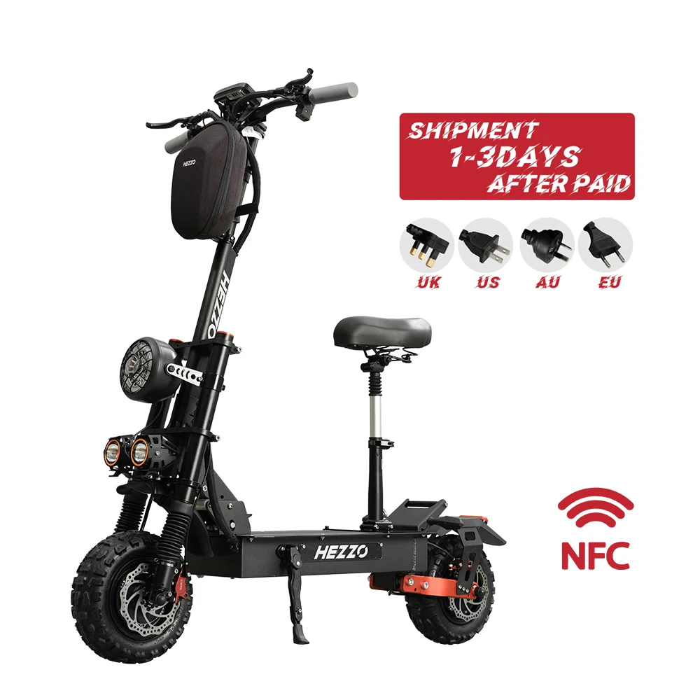 

HEZZO Eu Us Warehouse 60V 6000W Dual Motors Escooter NFC Powerful Off Road Electric Scooter 45Ah Folding Troitinette With Seat