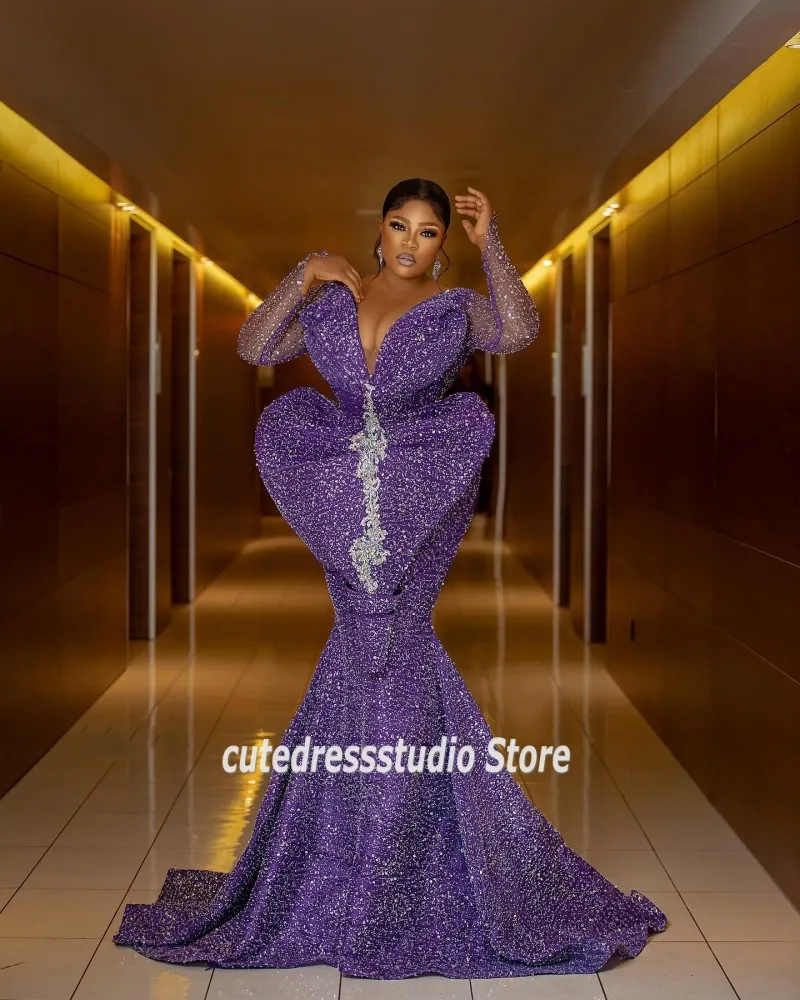 Royal Purple Evening Dresses Long Sleeves Sequin Wedding Guest Gowns