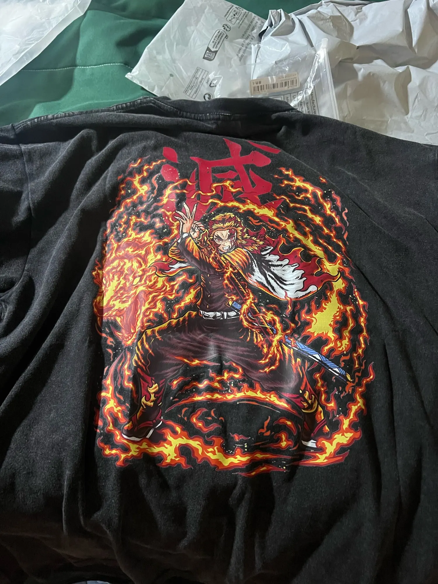 Men Streetwear Summer Rengoku Kyoujurou Top Tee Harajuku Anime Demon Slayer Printed T-shirt Vintage Washed Oversized Tshirt