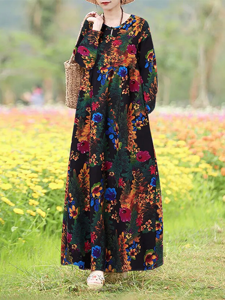 Vintage Floral Dress Woman 2025 ZANZEA Autumn Bohemian Long