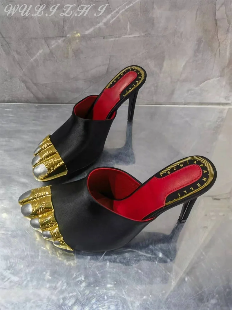 Gold Toe Five Finger High Heels 2024 Women Fashion Stiletto Metal Slippers Dress Shoes Sheep Suede Elegant Sandals Summer