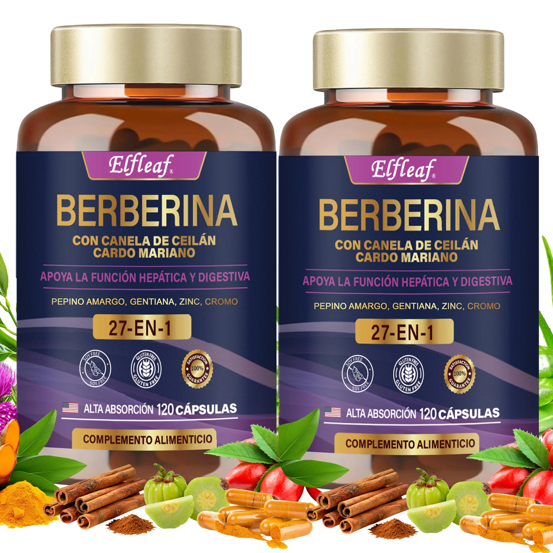 2 pcs GWYNNE Elfleaf Complejo Berberina 27 En 1 con Canela de Ceilán, Cardo Mariano, Té Verde y Curcumina, Apoyo Metabólico, Salud Hepática, Digestiva y Equilibrio Insulínico, Suplemento Natural 120 Cápsulas 60 Tomas