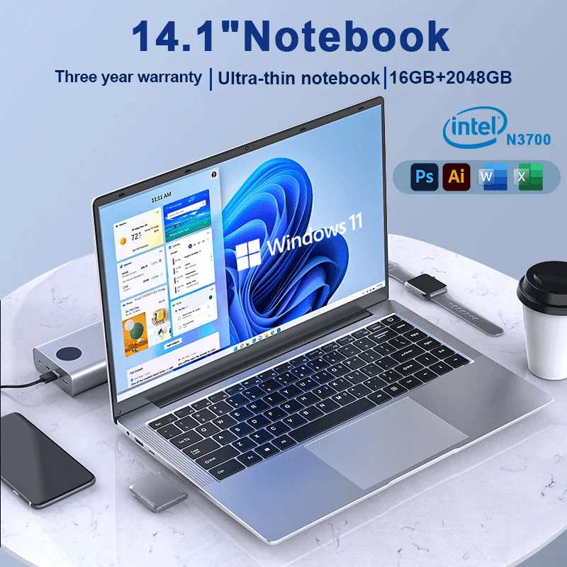 14.1" Ultra Slim Laptop 16GB RAM 2TB SSD Intel N3700 Notebook Gamer 1920*1080 Display Office Study Computer PC Windows 11 notebook laptop