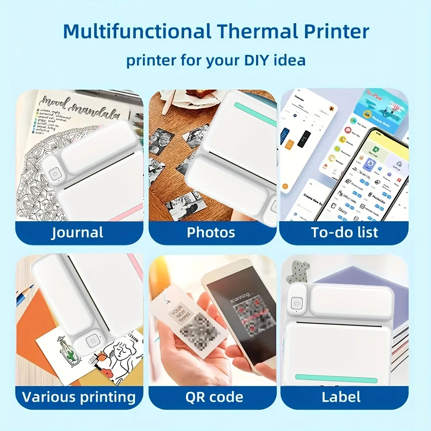 스마트 컴팩트 휴대용 무선 미니 감열 프린터 키트, 사진 및 라벨 인쇄용 USB 충전, USB 케이블 및 잉크리스 기능 포함