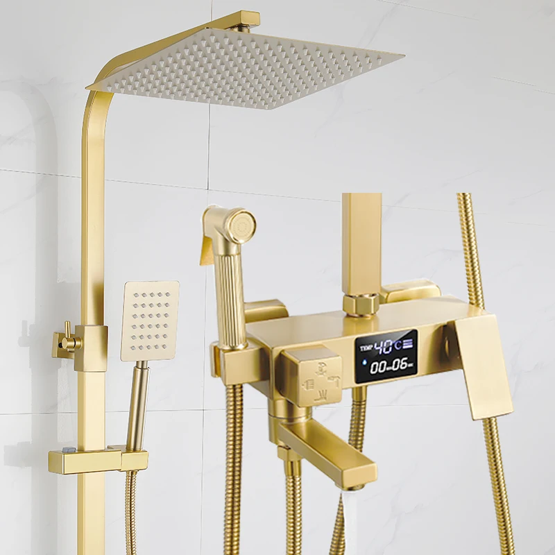 Brushed Gold Bathroom Shower Faucet Bath Faucet Set Digital Display Rain Shower Column Shower System With 15cm Rotatable Spout