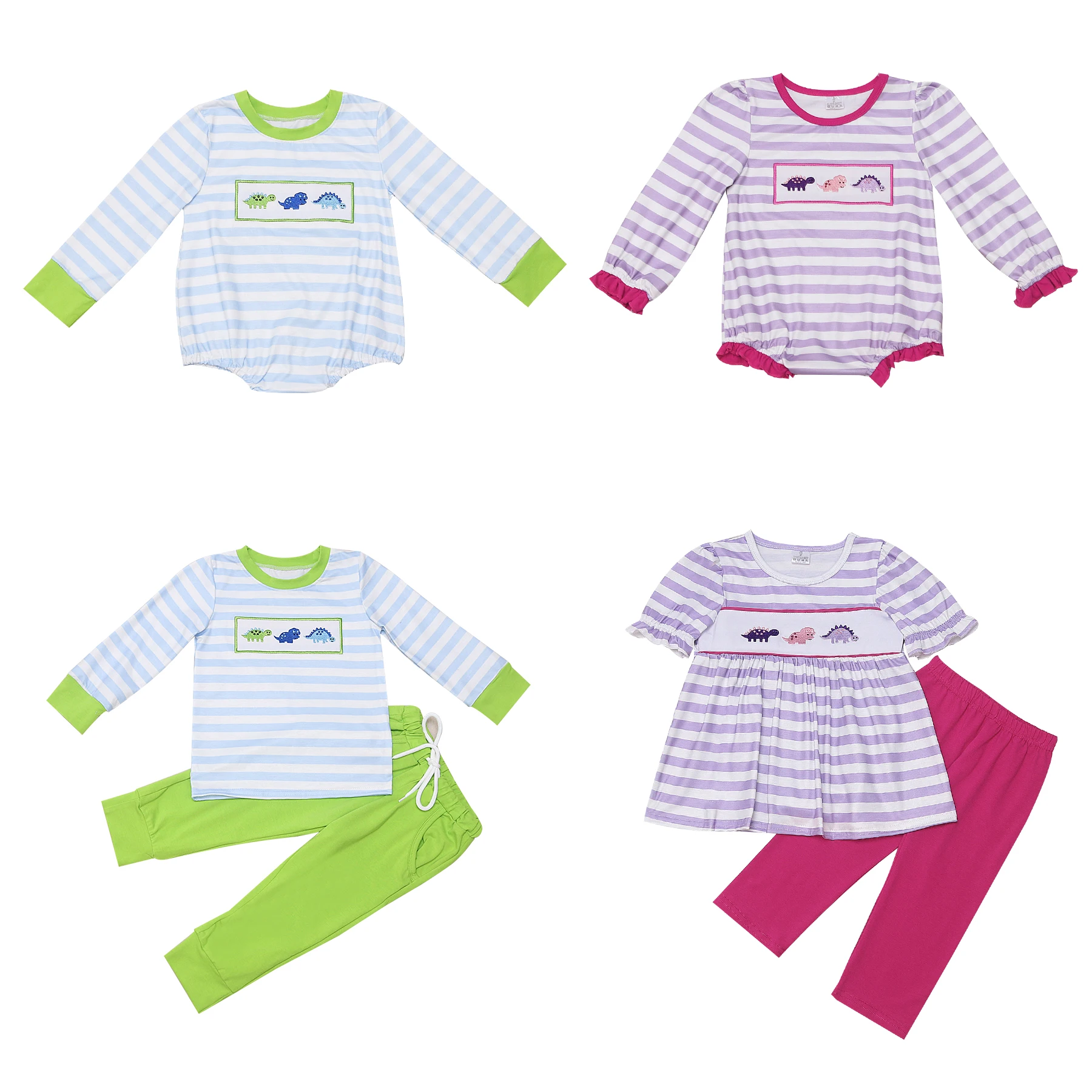 

New Arriving Baby Cotton Clothes Long Sleeve Bluey Set Round Neck Dinosaur Embroidery Boy Clothes Suit Romper Ruffle Jumpsuit