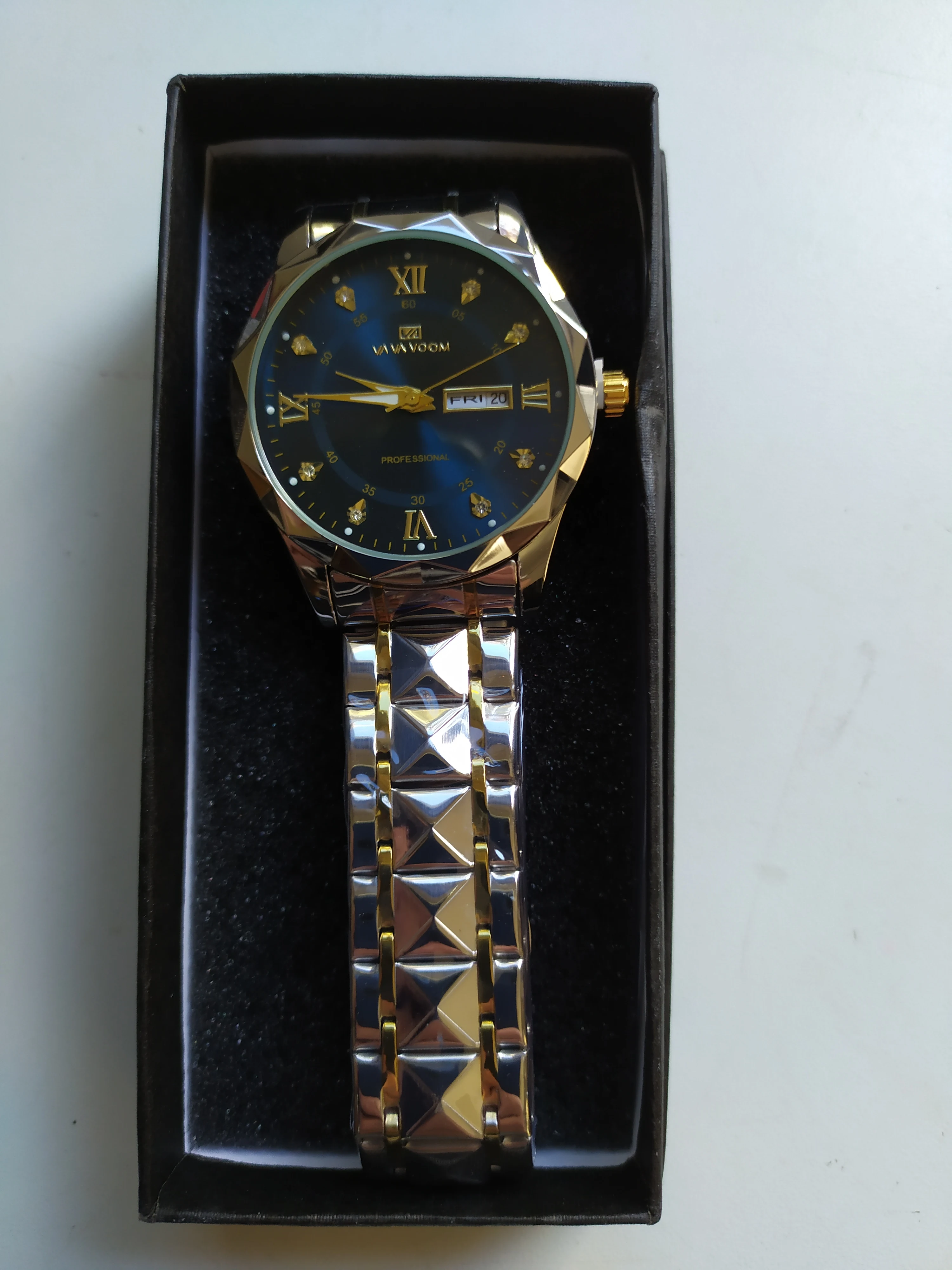 Reloj de negocios de acero inoxidable para hombre, cronógrafo de lujo con brillo nocturno, doble Calendario, movimiento de cuarzo, 41mm, oro azul photo review