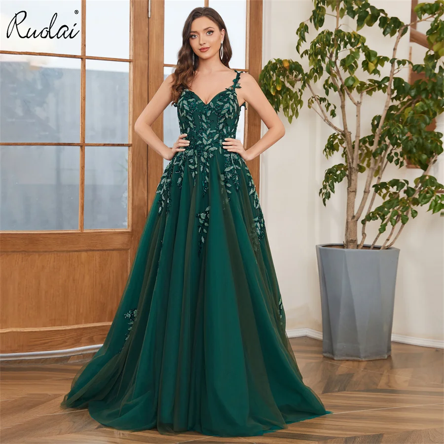 

Ruolai Sweetheart Neckline Evening Dresses Spaghetti Strap A-line Green Appliqued Gorgeous Prom Dress Formal Dress LWC6728