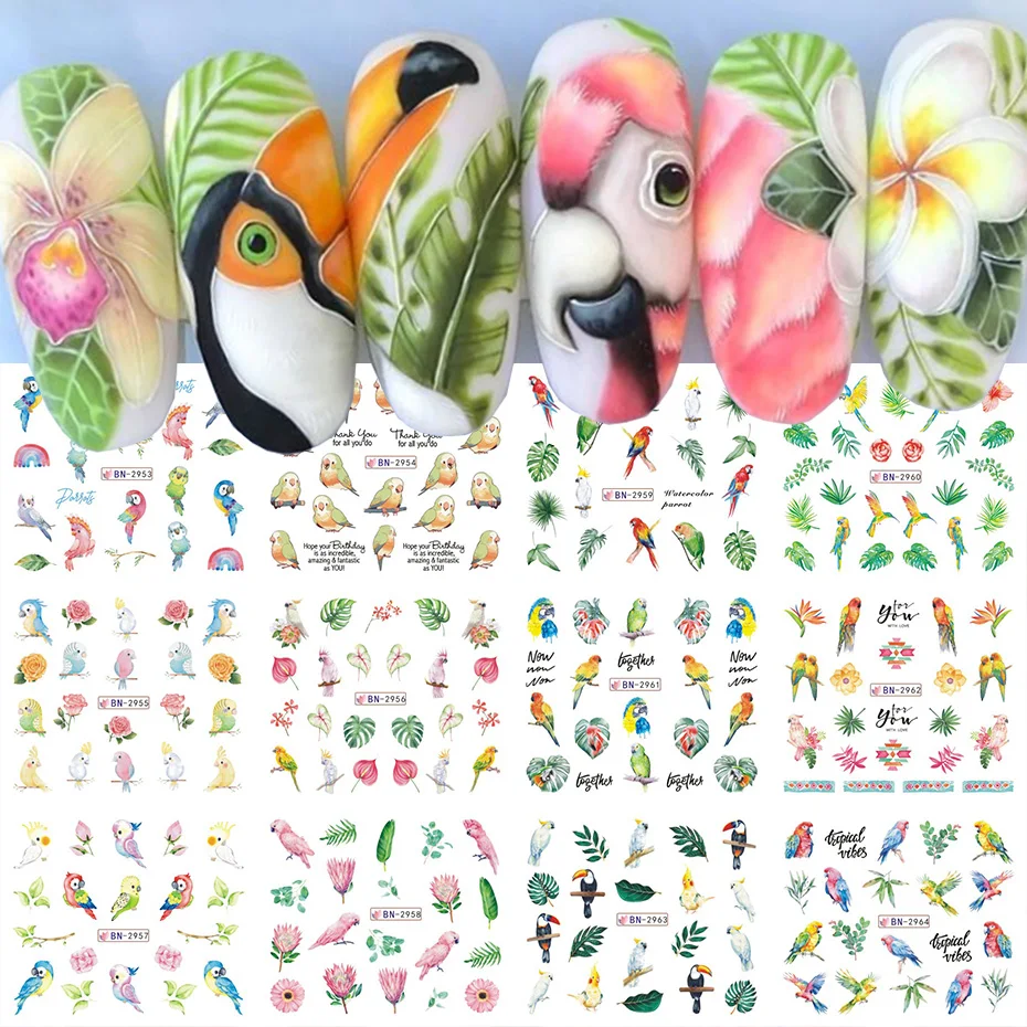 Cartoon Parrot Bird Nail Water Sliders Watercolor Abstract Flower Green Leaf Spring Decals Foils Accessories Watermark Sticker nail stickers,nail art decoration,nail decals
