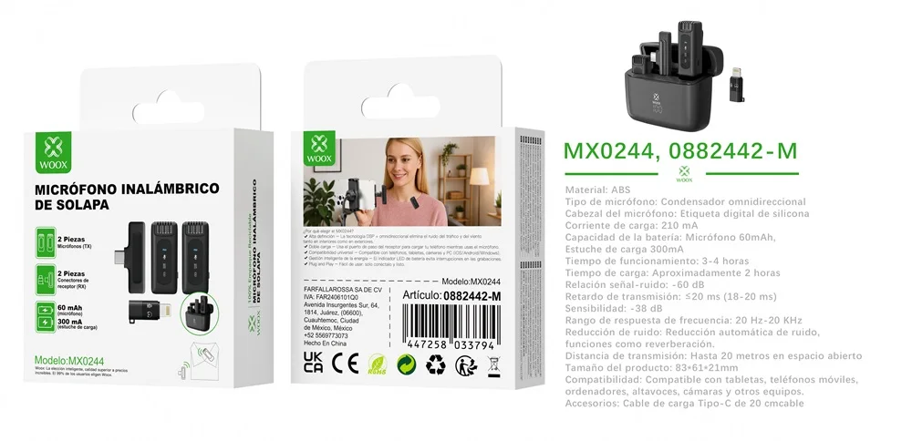 Microfono de inalámbrico Solapa Para iPhone Android, Mic de lavalier Profesional, Con Adaptador de iPhone, Con Funda de Carga, Pantalla Inteligente de función,reducción de Ruido Inteligente, Plug&Play