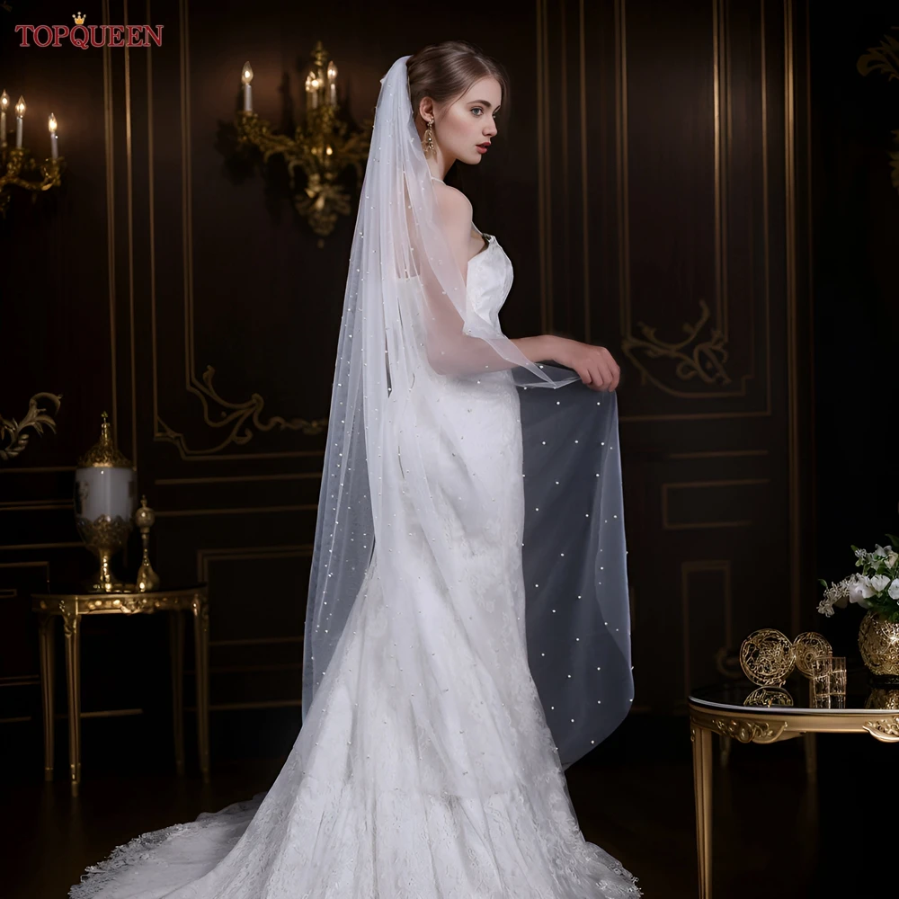 YouLaPan V05 Bridal Veil with Comb Ivory White Wedding Veil Pearls 1 Tier Wedding for Women Cathedral Bridal bridal veil