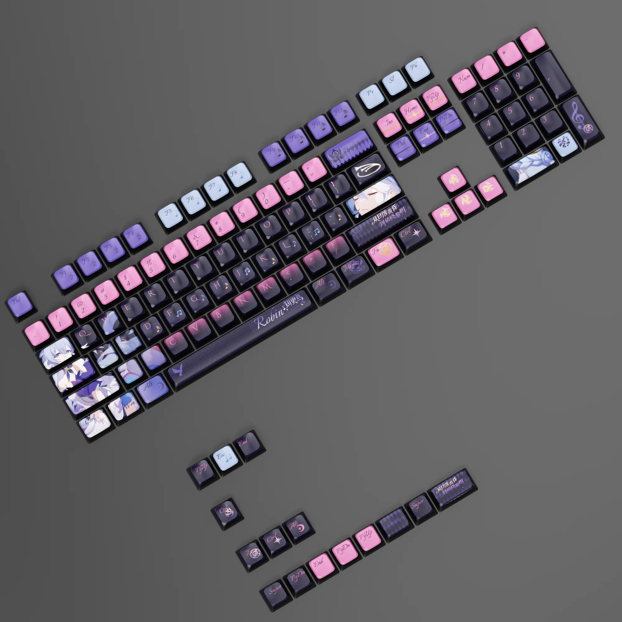 Robin-Themed 118-Key Keycap Set with Four-Sided Translucent Design and Dye-Sublimation Finish