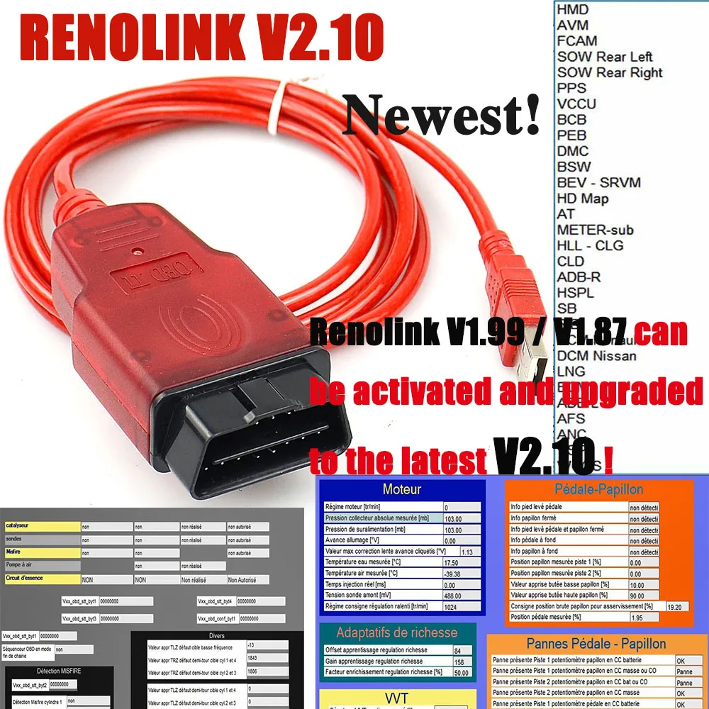 Newest Renolink V2.10 for Renault ECU Programmer Air-bag Reset RenoLink 1.99 Upgrade OBD2 Diagnostic Tool ECM UCH Key Programmer