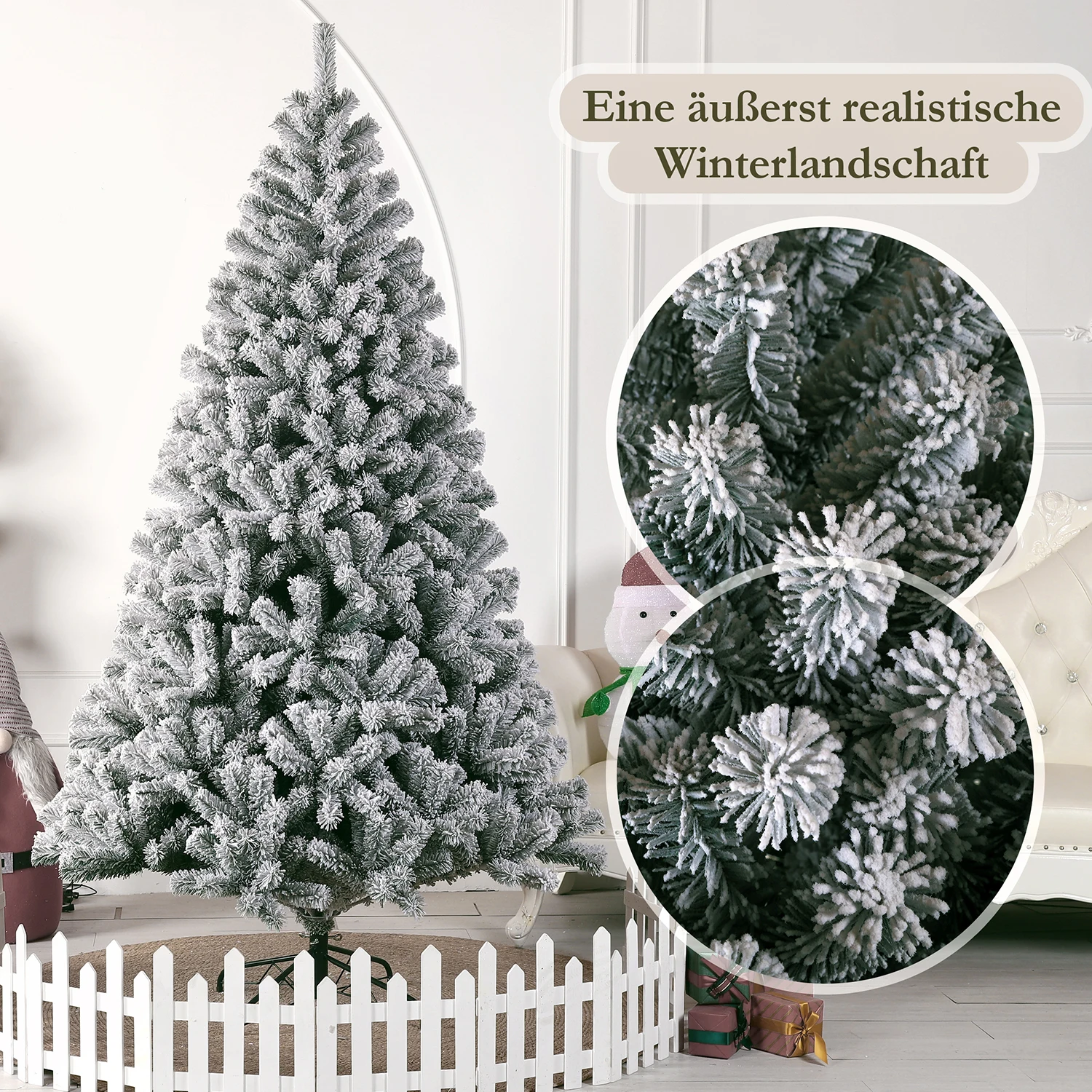 180 cm weißer Schnee-Kunstkerbaum mit 1006 Spitzen, Metallständer, 100 % PVC, faltbar und Neujahrsdekoration für drinnen und draußen – Detail 1