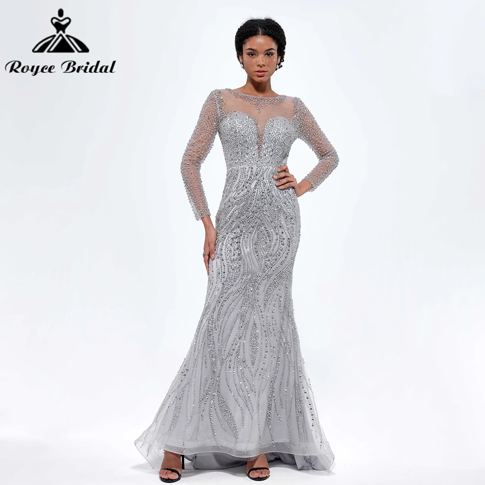 

Roycebridal Exquisite Silver O Neck Long Sleeves Full Beading Sexy Mermaid Evening Prom Dress For Women 2024 vestidos de fiesta