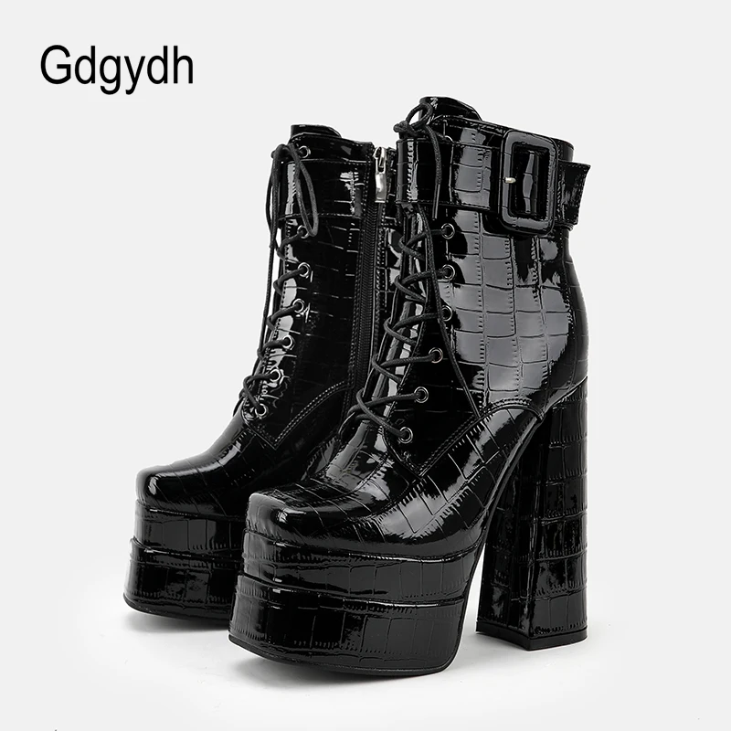

Gdgydh High Heel Patform Boots Patent Leather Steel Toe Dance Shoes Women Ankle Buckle Strap Trendy Goth Lace Up Big Size 43