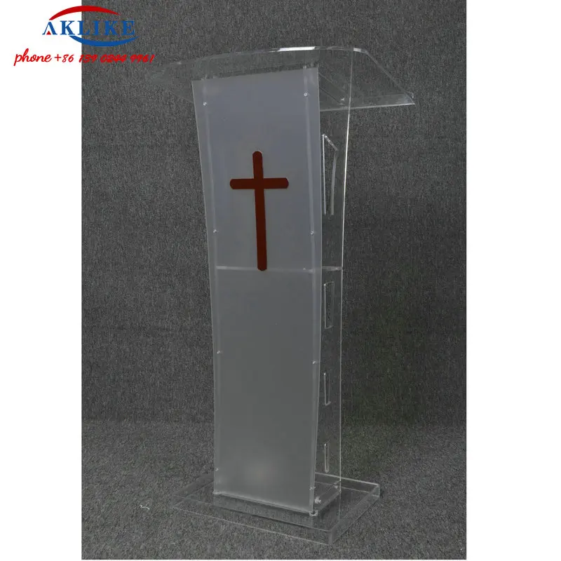 Church Pulpit Led Lights Commercial Furniture Podium With Built-in Shelf Clear Stand Lectern Glass Rostrum