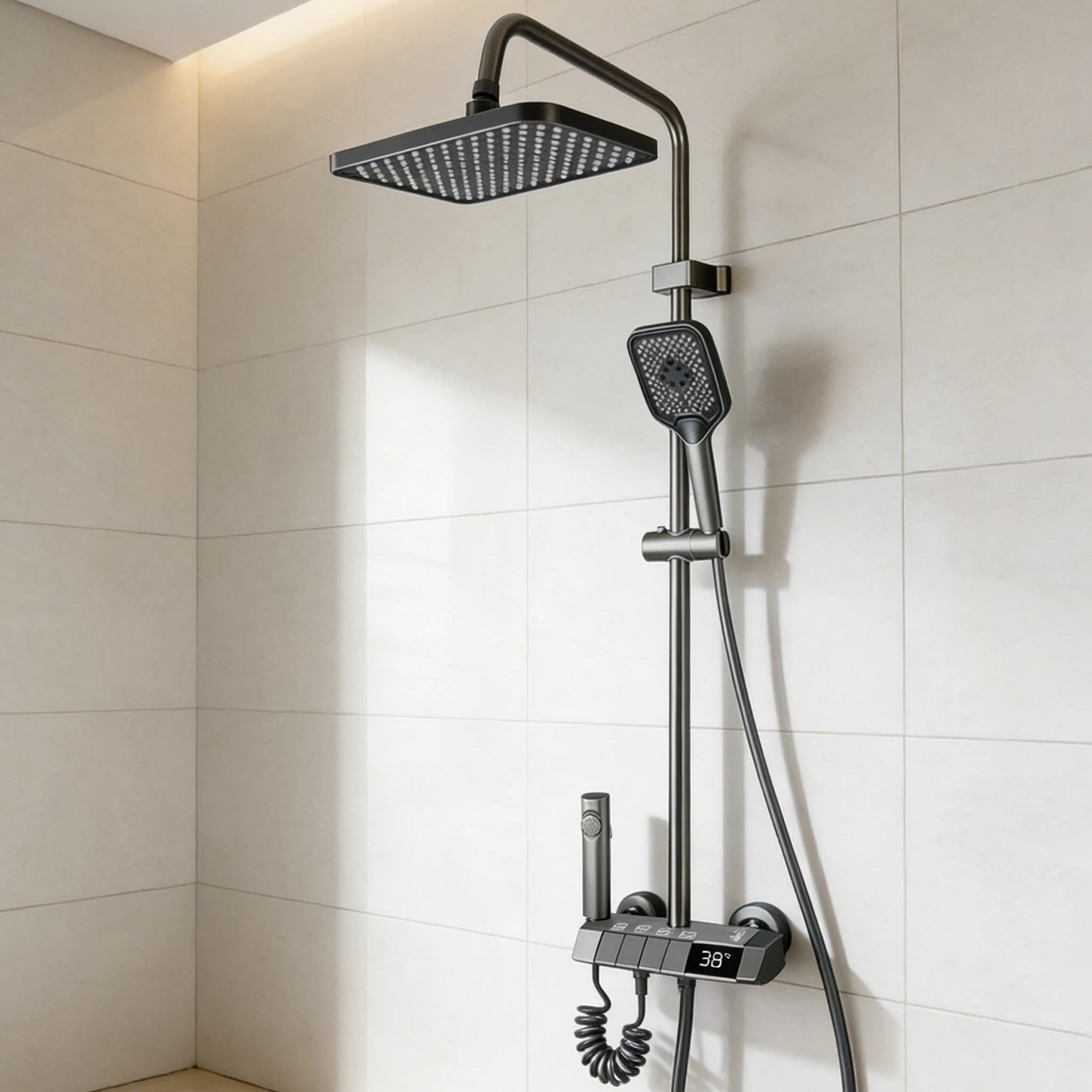 Colonne de douche pour salle de bain avec mitigeur, douche pluie 250 mm, 4 modes de douche, ensemble de douche réglable en hauteur, noir, affichage numérique LED